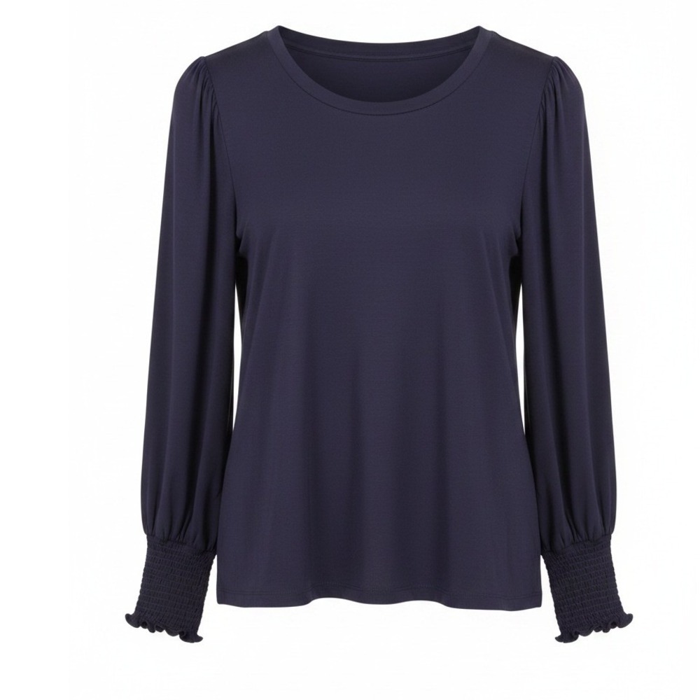CeCe Navy Blue Crew Neck Puff Sleeve Smocked Wrist Blouse Medium